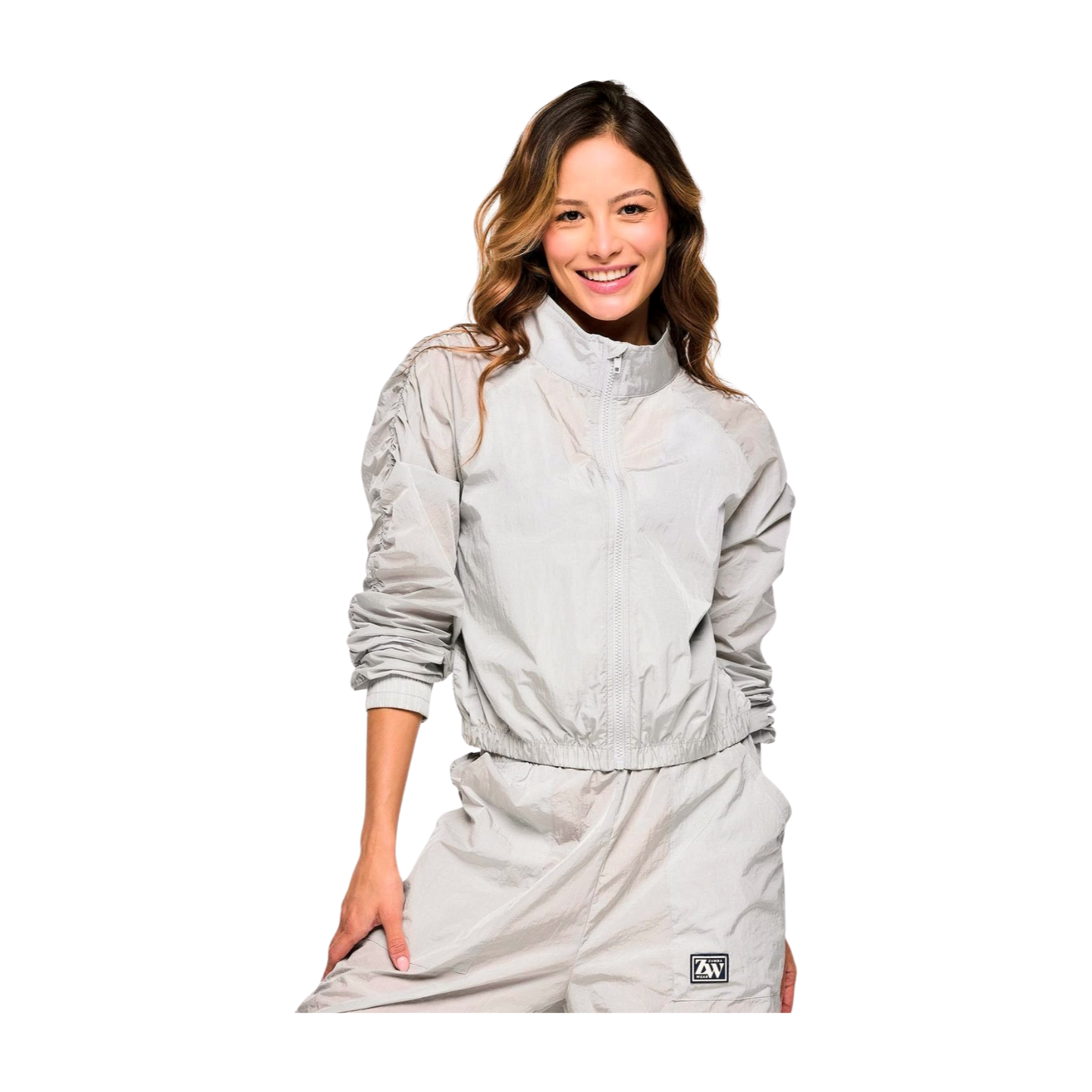 Zumba Out Loud Crop Woven Jacket With Ruched Sleeves (Special Order)