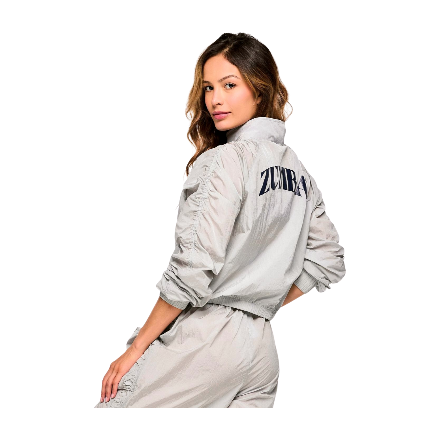 Zumba Out Loud Crop Woven Jacket With Ruched Sleeves (Special Order)